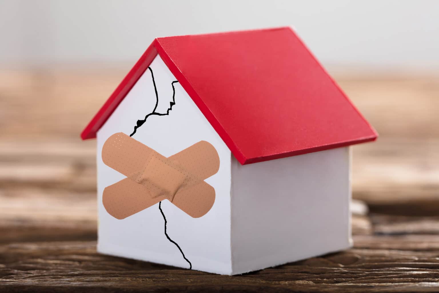 Photo of a house with red roof. A crack is running from the peak to the bottom and bandages are crossed over the crack | Is Your Home in Need of Foundation Repair?