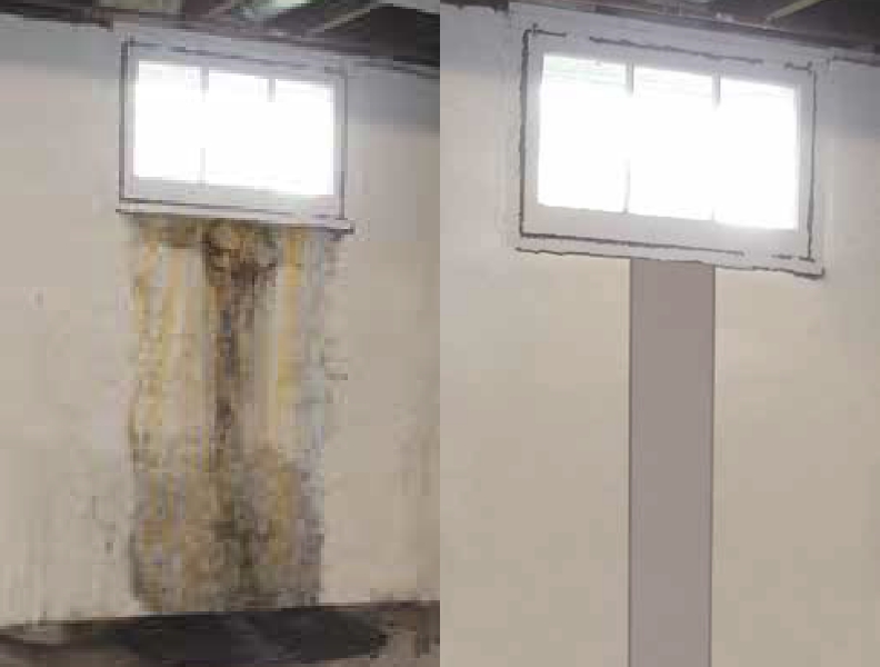 Photo of a window with damage and water intrusion on the left and after being repaired and insulated on the right | DRY BASEMENT® | WINDOWDRAIN®