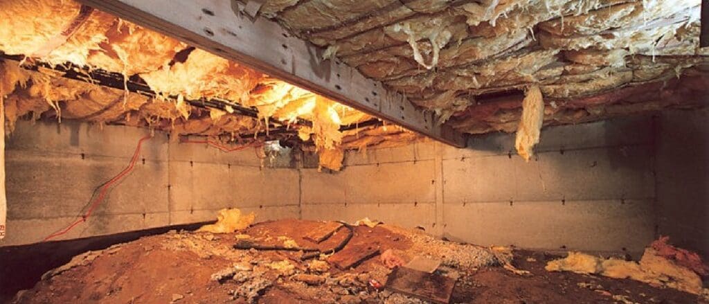 Photo of a crawl space with insulation and flooring that has fallen due to excess humidity.