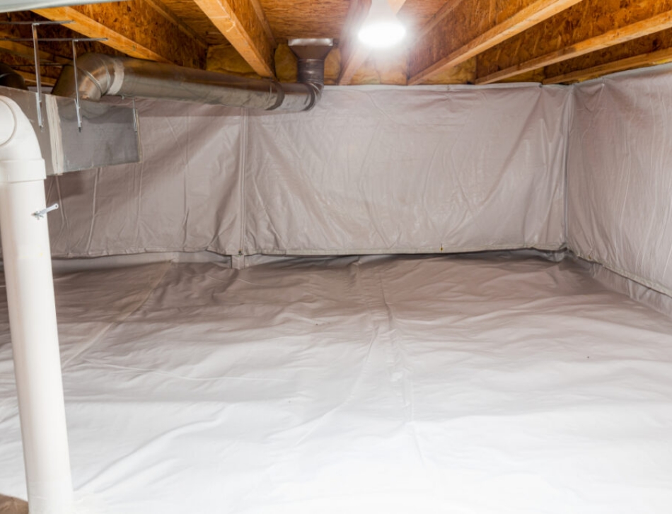 Photo of white crawl space liner after repair.