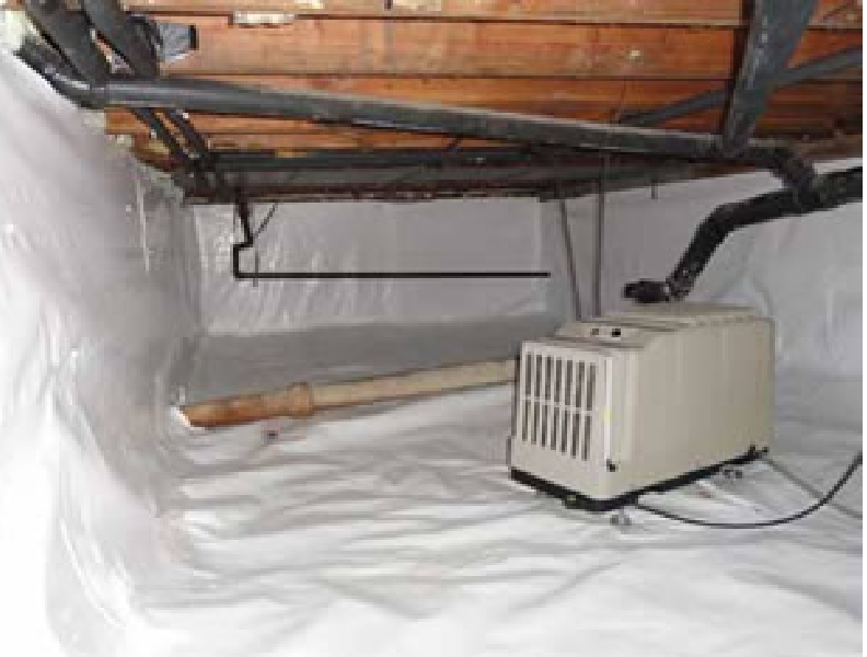 Photo of a white DryShield crawl space liner installed | Dryshield Crawl Space Repair | DRY BASEMENT®