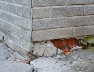 Photo of a cracked, damaged brick foundation.
