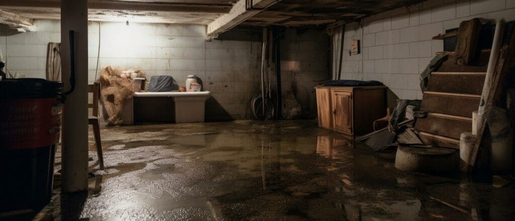 Photo of a basement with significant flooding and water stains.